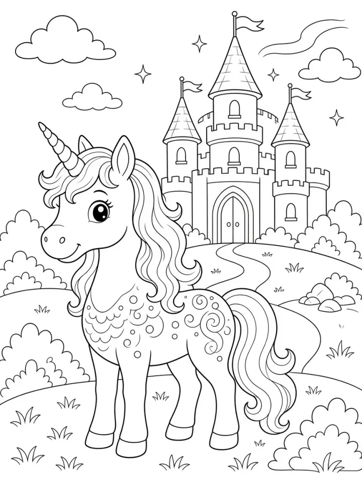 Hard: a patterned unicorn and a detailed castle