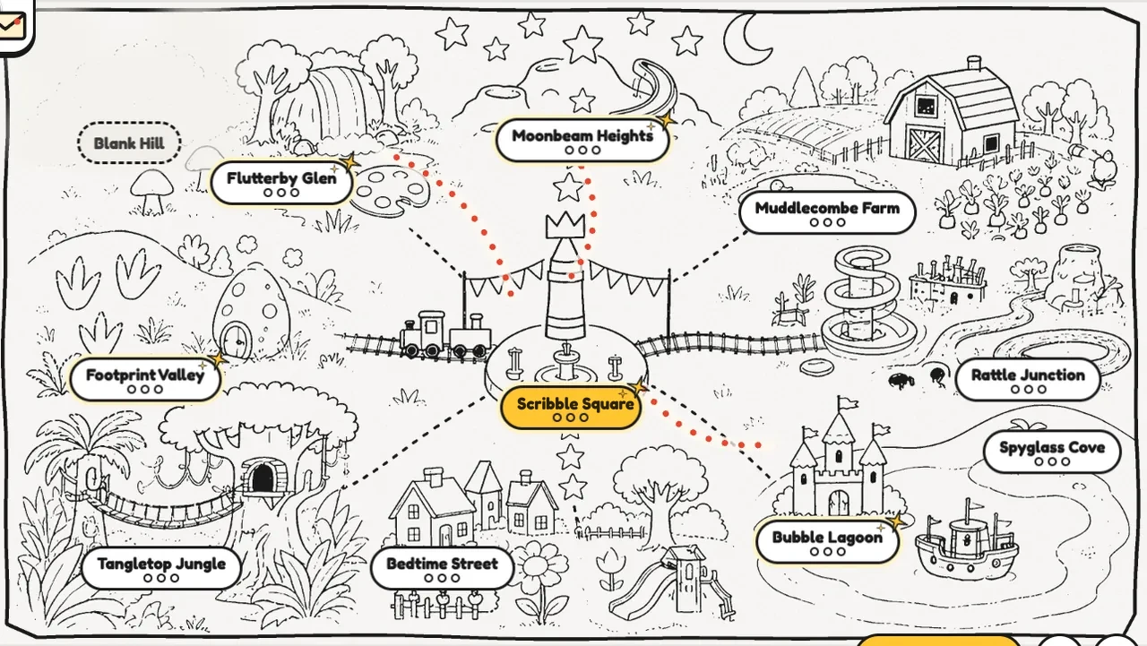 The Scribblemoor map: Scribble Square and its crayon lighthouse in the middle, with paths out to Bedtime Street, Moonbeam Heights, Footprint Valley, Flutterby Glen, Bubble Lagoon, Spyglass Cove, Tangletop Jungle, Muddlecombe Farm and Rattle Junction